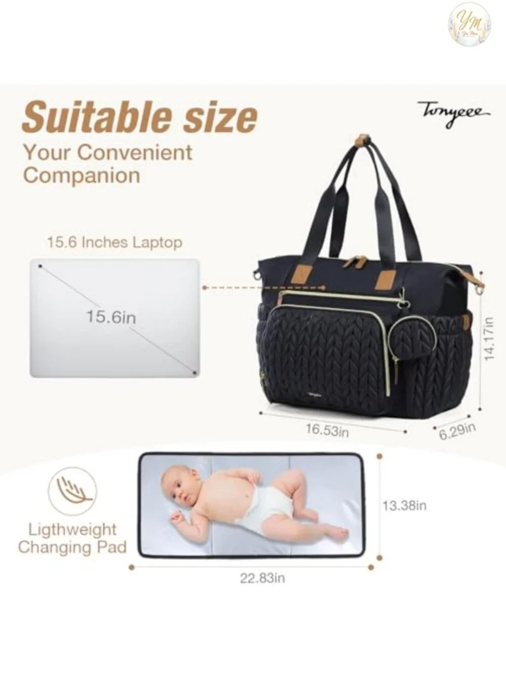 Quilted Nylon Diaper Bag Tote with Changing Pad, Insulated Pockets, Luggage